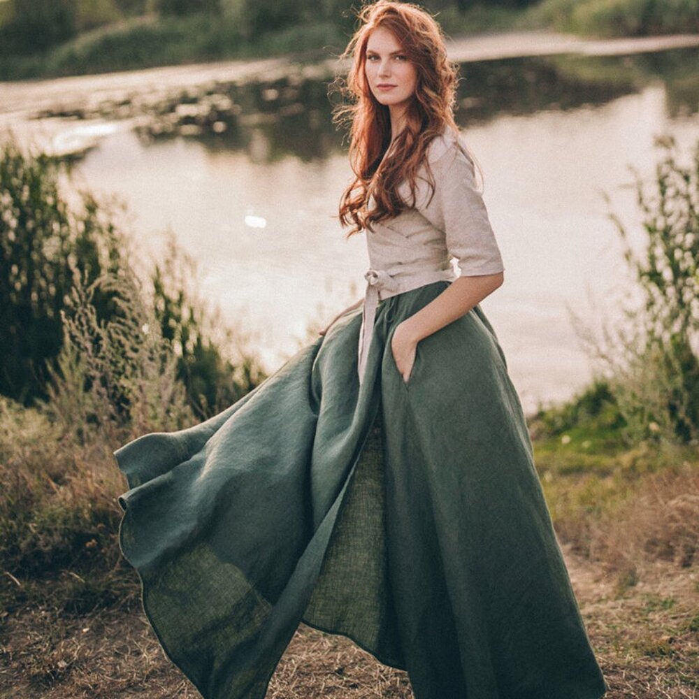 Green linen wrap skirt, cottagecore, romantic, dark academia, natural